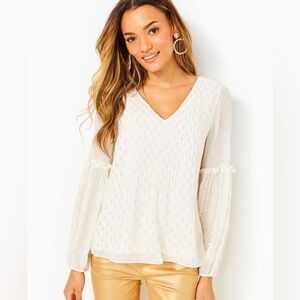 Lilly Pulitzer Cleme Coconut Viscose Metallic Clip Dot Long Sleeve Top 12 NWT